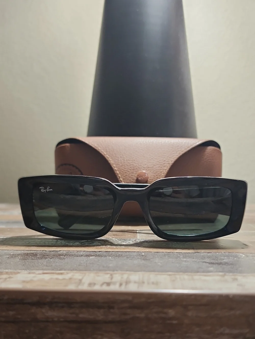 Ray-Ban Kilian Black Rectangular Sunglasses with Dark Green Lenses